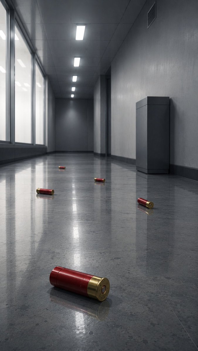Create a photorealistic cinematic low-angle view down a long, empty {argument name="location" default="modern gray offi…