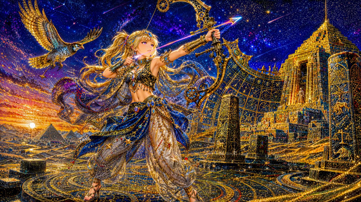 Create an ultra-detailed fantasy cosmic illustration in a wide 16:9 cinematic canvas. At the center foreground, depict …
