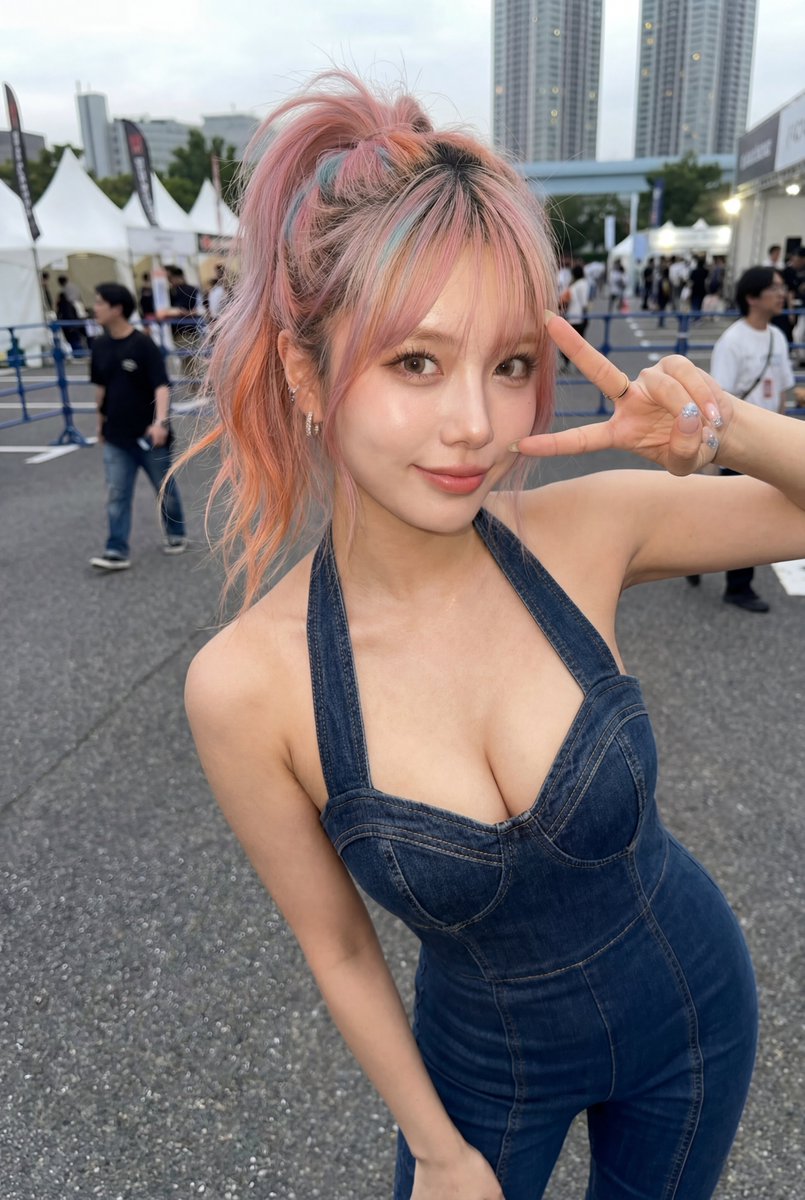 Create a realistic candid smartphone photo of a young woman at an outdoor city event, shot from a close slightly high-a…