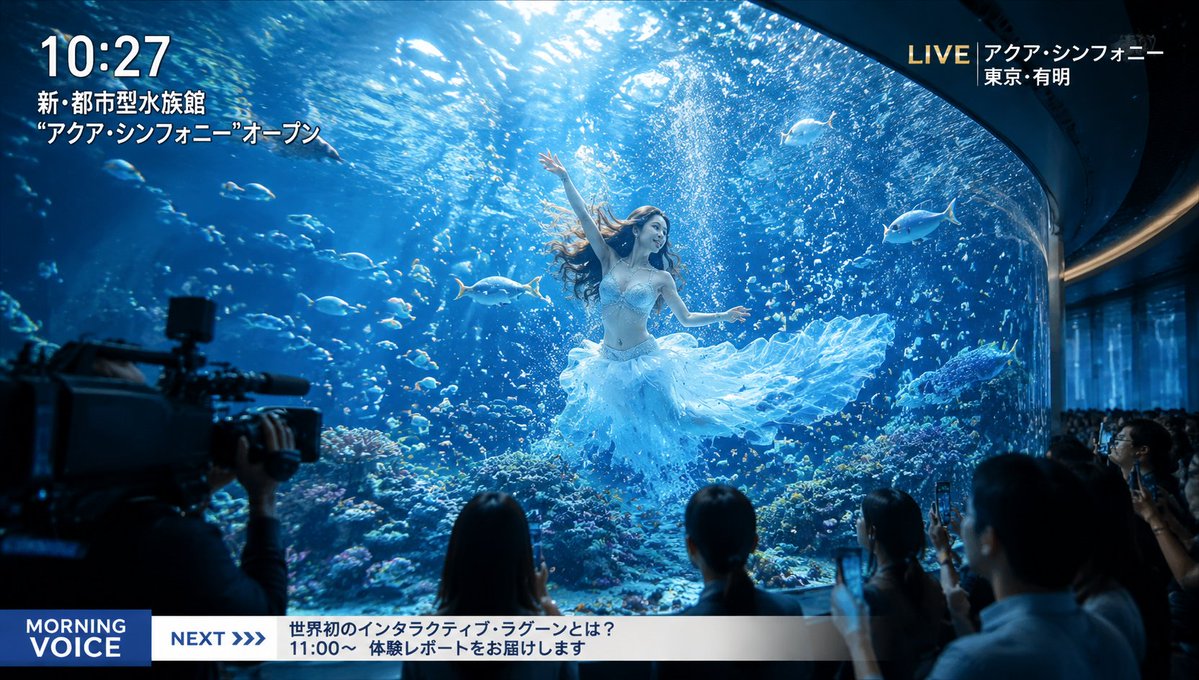 A scene filming a {argument name="location" default="newly opened futuristic and beautiful aquarium"} like a television…