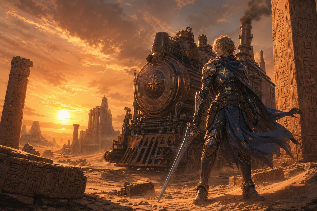 A {argument name="protagonist" default="star warrior"} standing in a {argument name="setting" default="desert of ancien…