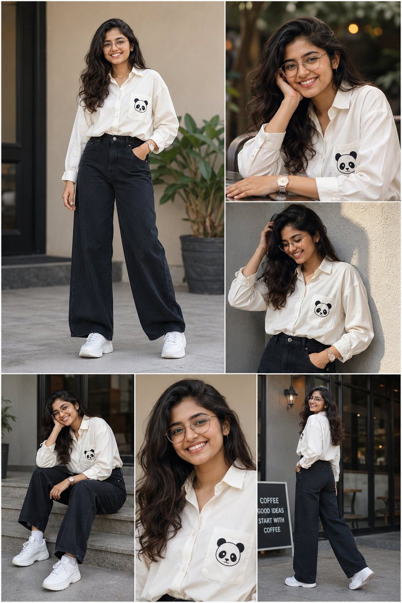 A high-quality fashion portrait collage of a young {argument name="ethnicity" default="South Asian"} woman with {argume…