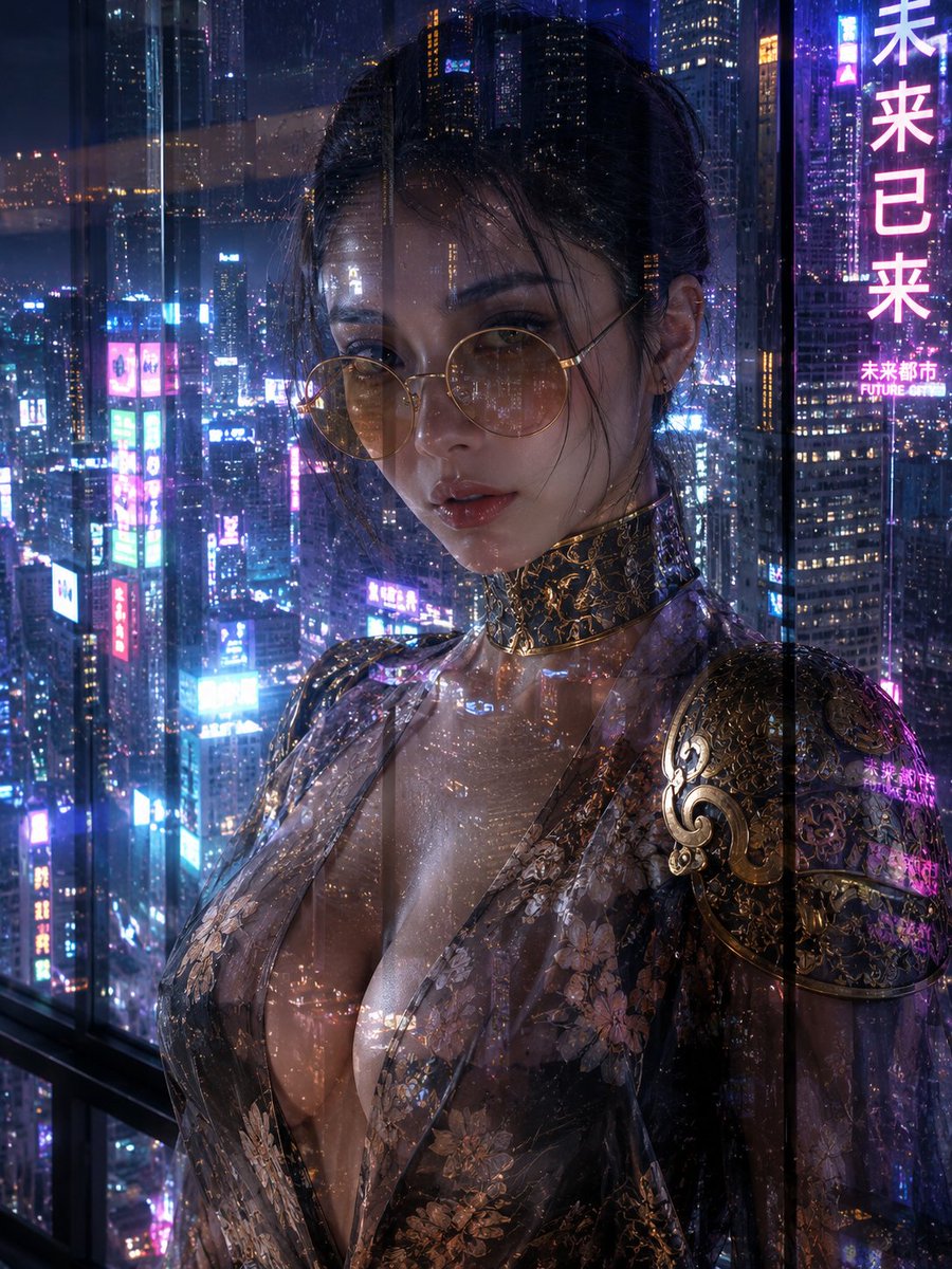 Create a vertical 3:4 cinematic cyberpunk portrait of an elegant adult woman standing indoors against a floor-to-ceilin…