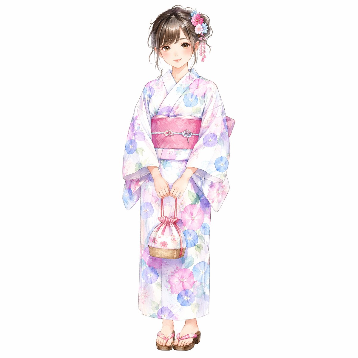Create a full-body, centered watercolor fashion illustration of a young woman wearing a pastel floral summer kimono on …