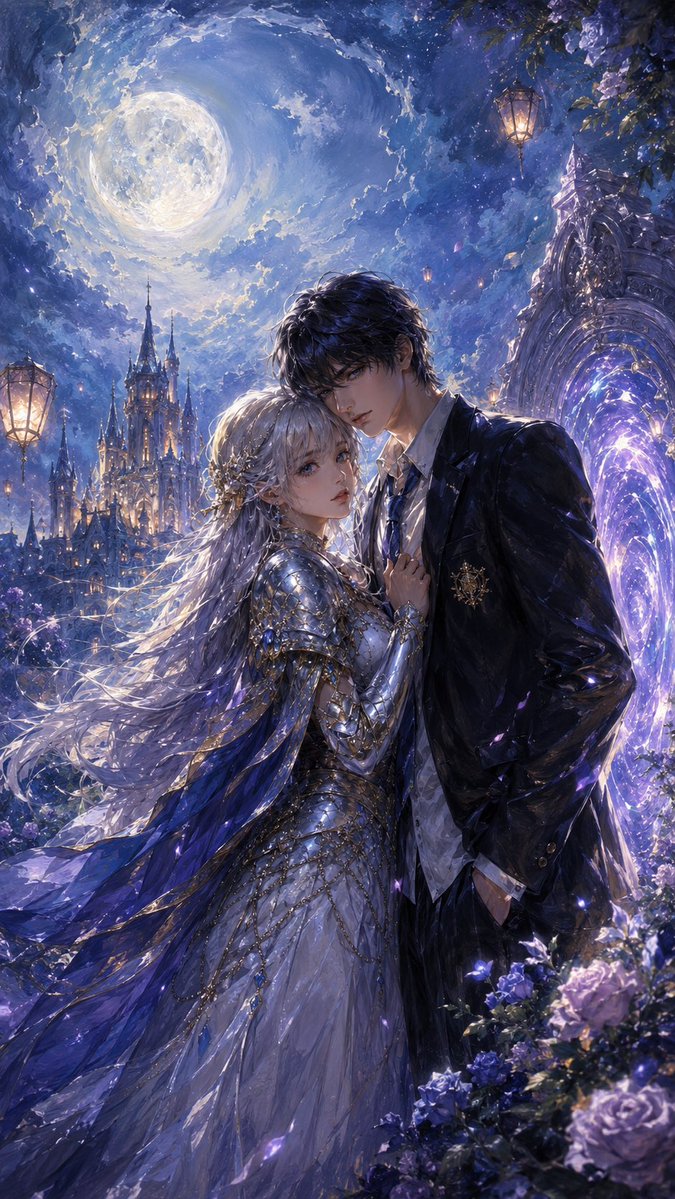 Create a vertical fantasy romance illustration in a richly detailed Japanese dark-fantasy oil-painting style, with dram…