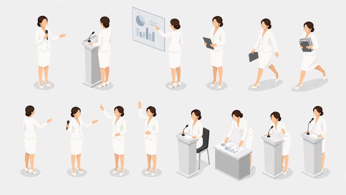 Goal: Create a clean isometric character pose sheet showing {argument name="character role" default="a professional fem…