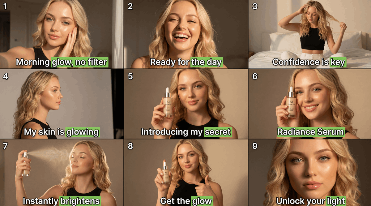 Goal: Create a 3-by-3 social media ad storyboard collage for a beauty serum, showing the same young blonde woman demons…
