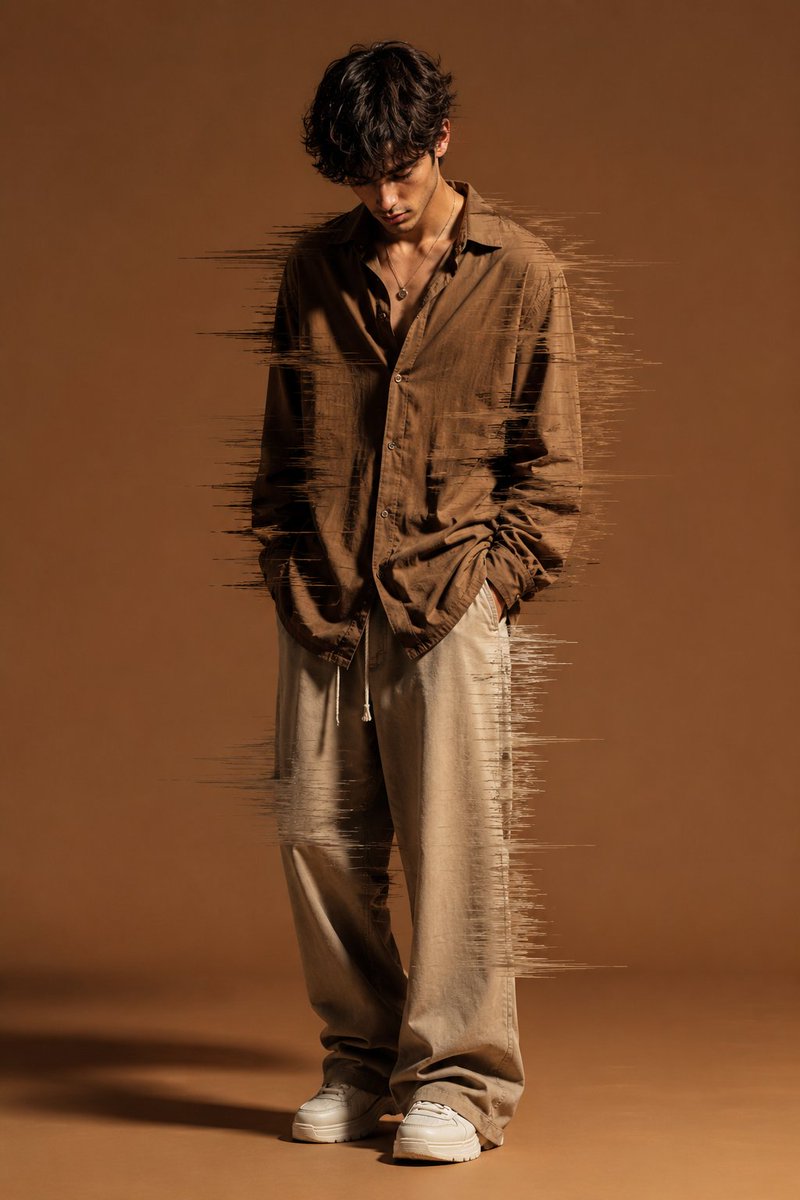 A {argument name="subject" default="stylish young man"} standing in a dynamic pose, looking down, wearing {argument nam…