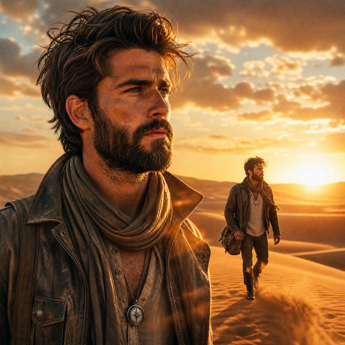 Create an ultra-realistic cinematic collage portrait of a young Hollywood male with a well-groomed stylish beard. The c…