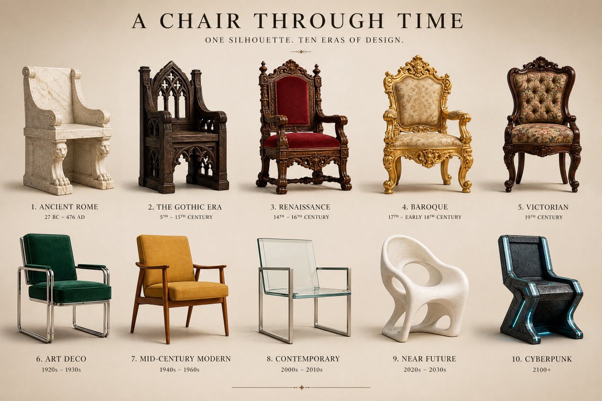 Show the {argument name="subject" default="same chair"} redesigned across {argument name="number of eras" default="10"}…