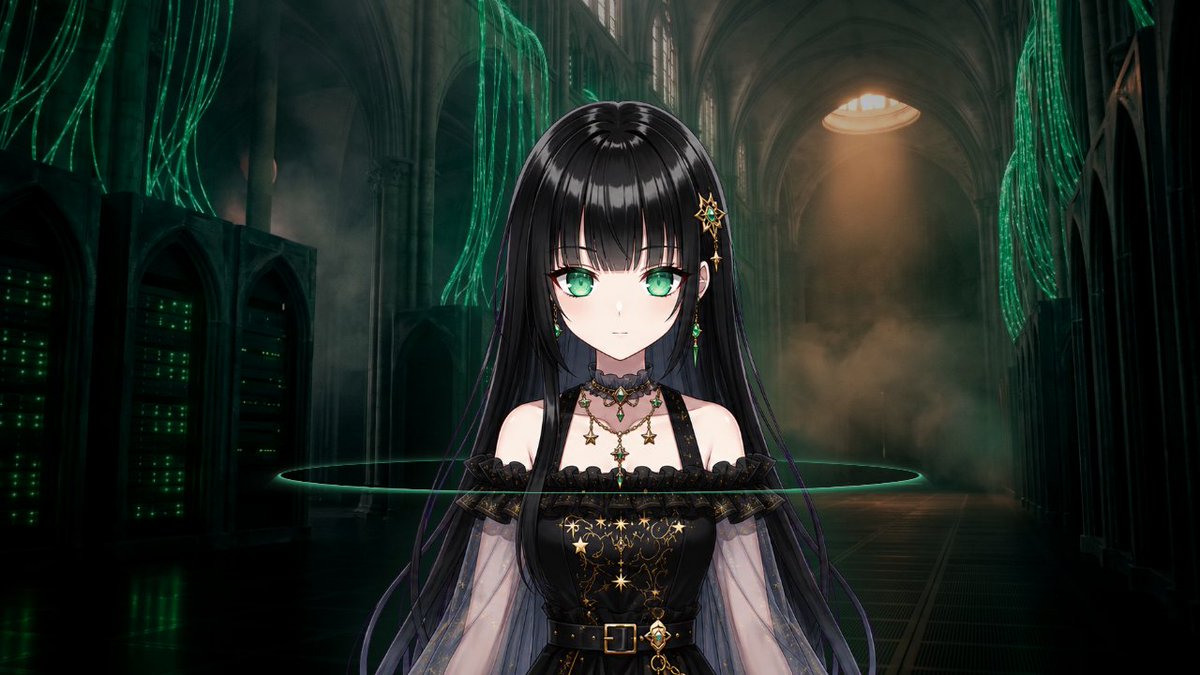 Create a cinematic anime VTuber-style half-body portrait of {argument name="character name" default="a gothic cyber-div…
