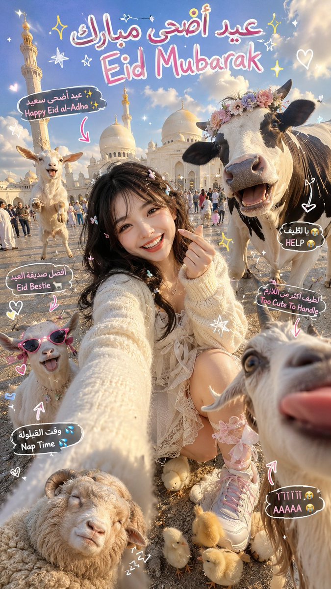 Ultra-realistic super cute chaotic Eid al-Adha selfie photograph in front of a dreamy pastel-toned grand mosque during …