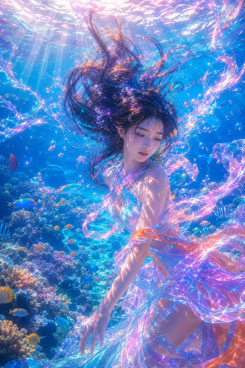 Subject: Ethereal underwater portrait. Subject/Expression: {argument name="person" default="Young woman with black hair…