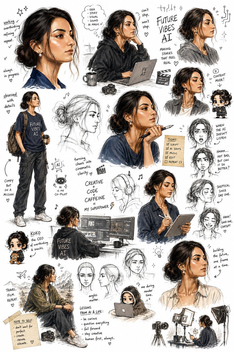Create an ultra-detailed sketchbook-style character exploration page on a pure bright white background, using my upload…