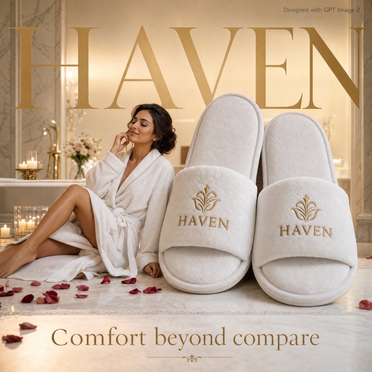 A premium hospitality advertisement poster. An elegant woman in a white fluffy hotel bathrobe relaxes beside a giant pa…
