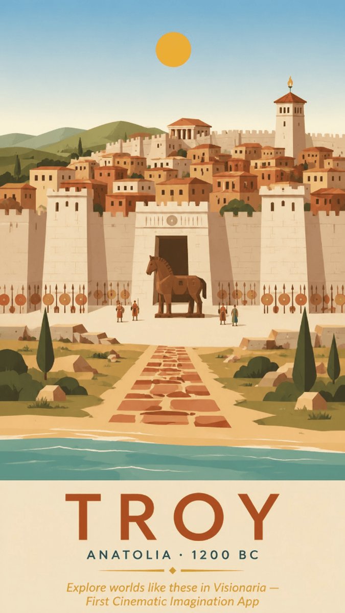 Goal: Create a vintage mythical travel poster for {argument name="destination" default="Troy"}, showing an idealized an…
