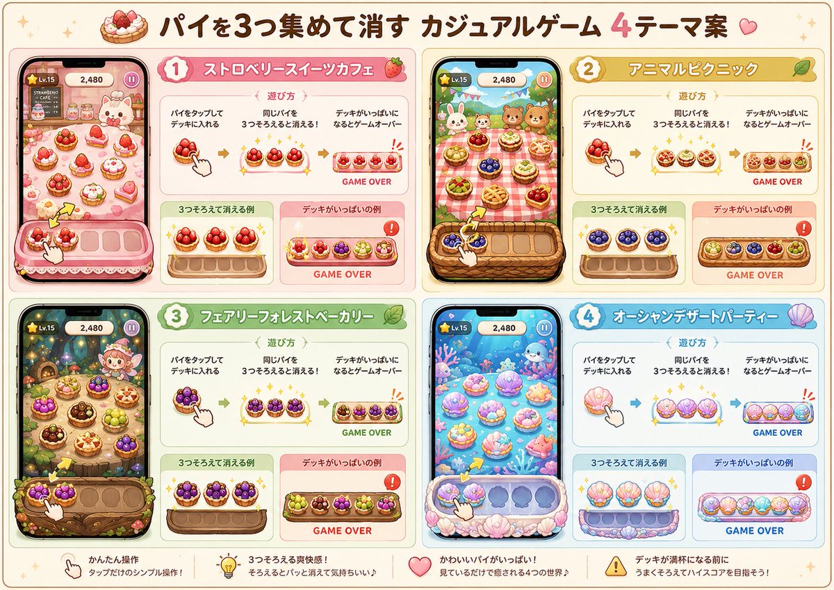Goal: Create a polished Japanese proposal-style idea sheet for a casual mobile puzzle game where players collect 3 matc…