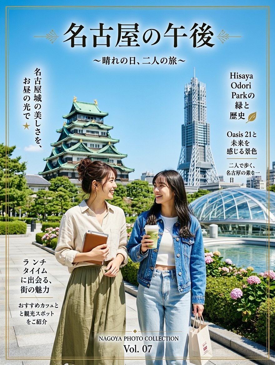 Goal: Create a vertical Japanese travel-magazine poster for a sunny afternoon trip in Nagoya, combining realistic photo…