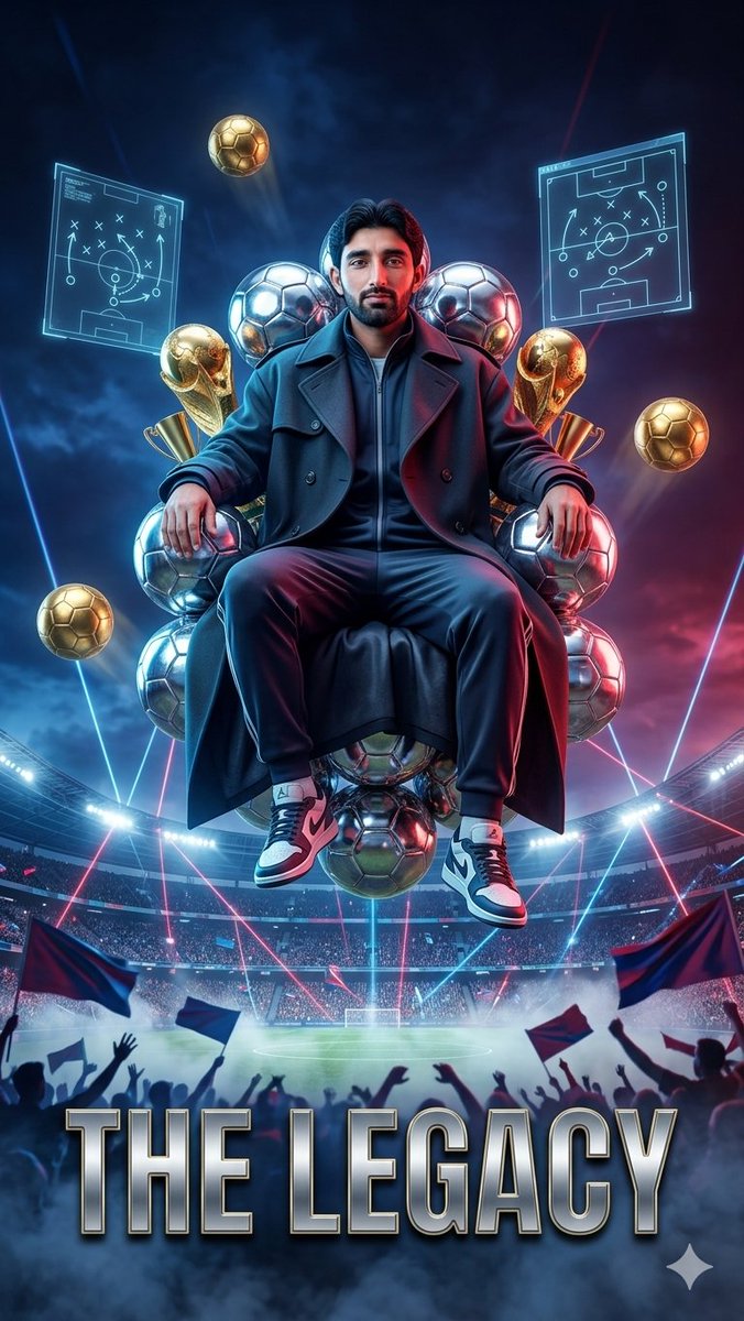 Create a vertical cinematic surreal luxury football poster featuring {argument name="character name" default="a confide…