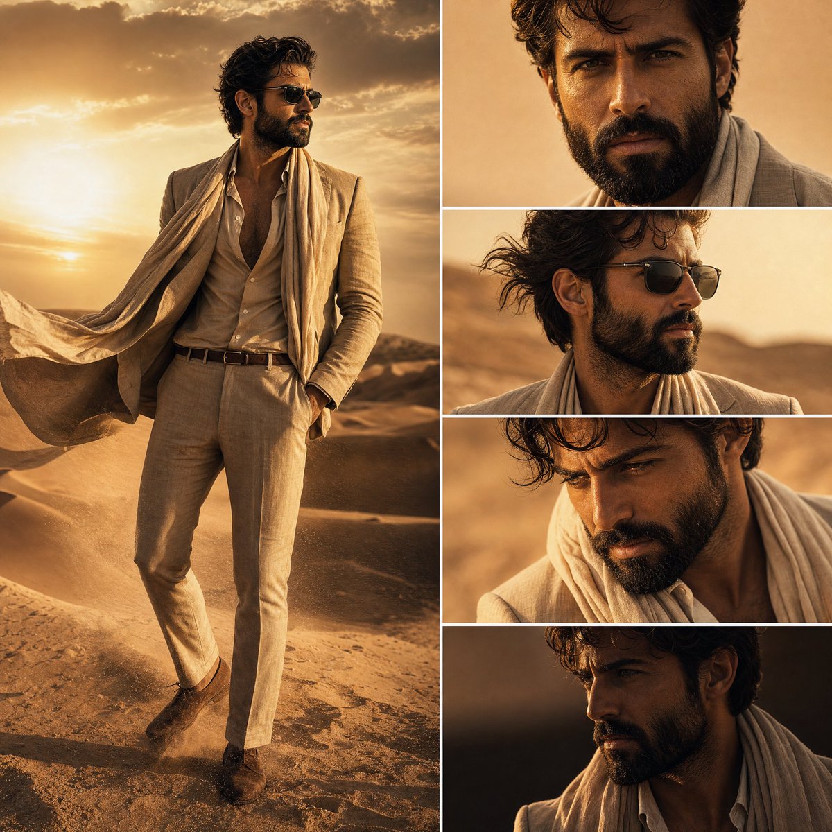 Create a high-end cinematic fashion editorial composition in a {argument name="setting" default="desert environment"} f…
