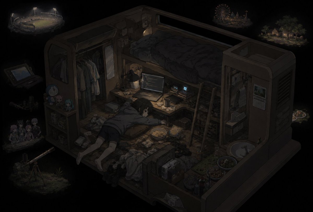 Create a dark, cinematic isometric anime illustration of {argument name="character name" default="a lonely exhausted yo…