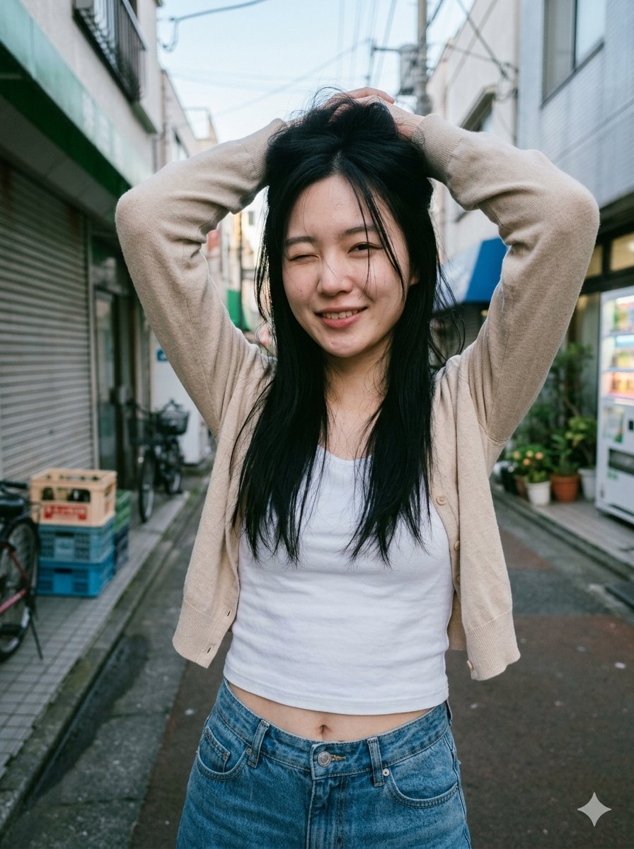 Create a realistic vertical street-fashion photograph of {argument name="subject" default="a young Japanese woman"} sta…