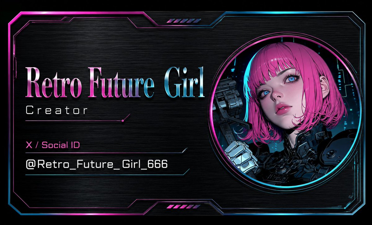 Goal: Create a horizontal cyberpunk AI creator business card for {argument name="character name" default="Retro Future …