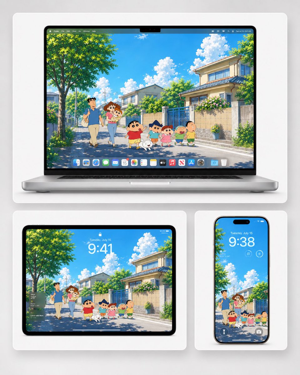 Goal: Create a clean promotional mockup showing a summer anime-style wallpaper displayed across three Apple-style devic…