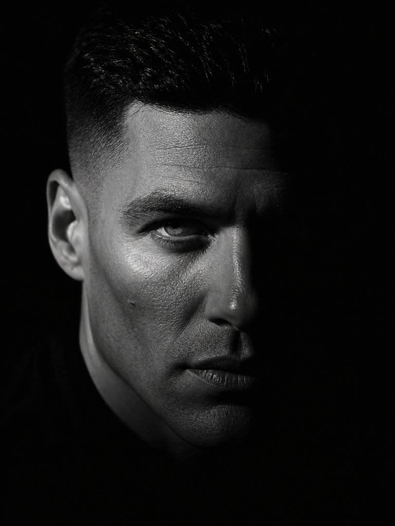 Indoor studio setting, {argument name="background" default="pitch-black background"}, absence of ambient light. {argume…