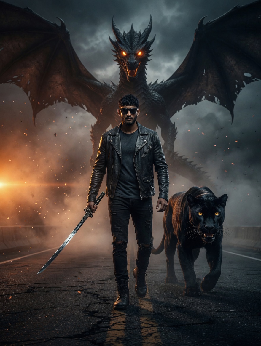 A powerful cinematic action poster featuring a {argument name="character" default="stylish man"} walking forward on a d…