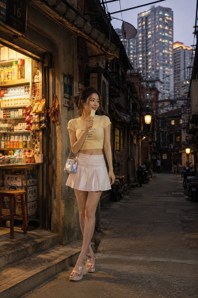A candid street photograph of a young woman standing just outside a tiny longtang sundry shop in a {argument name="loca…