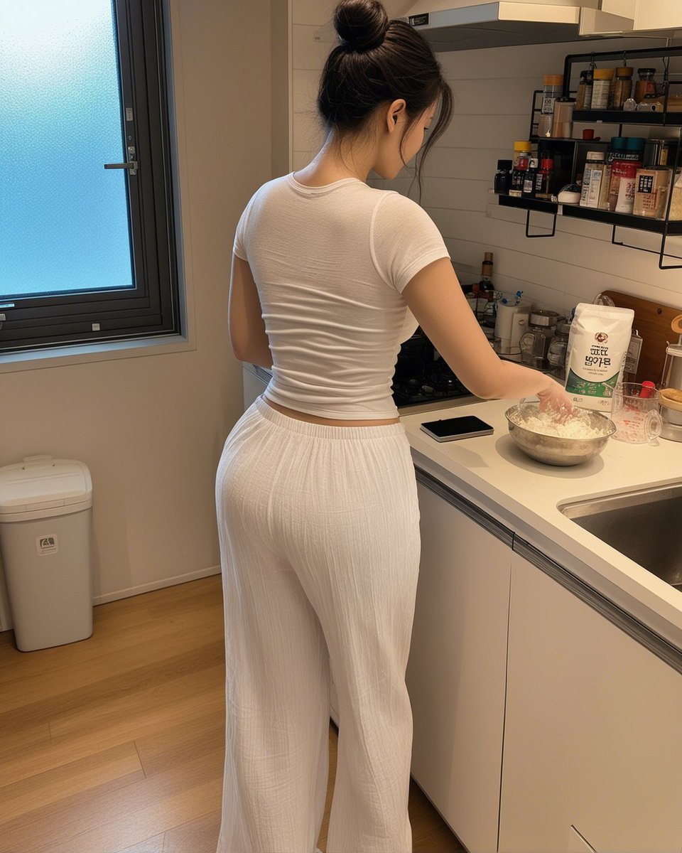 Create a realistic candid smartphone-style photo of an adult woman cooking in a compact modern apartment kitchen, viewe…