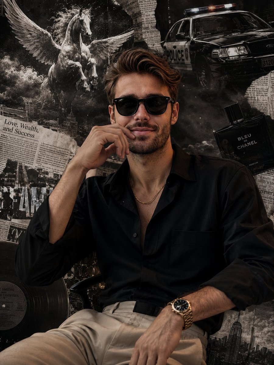 Ultra-realistic stylish man with {argument name="hair" default="curly hair and beard"}, black sunglasses, oversized bla…