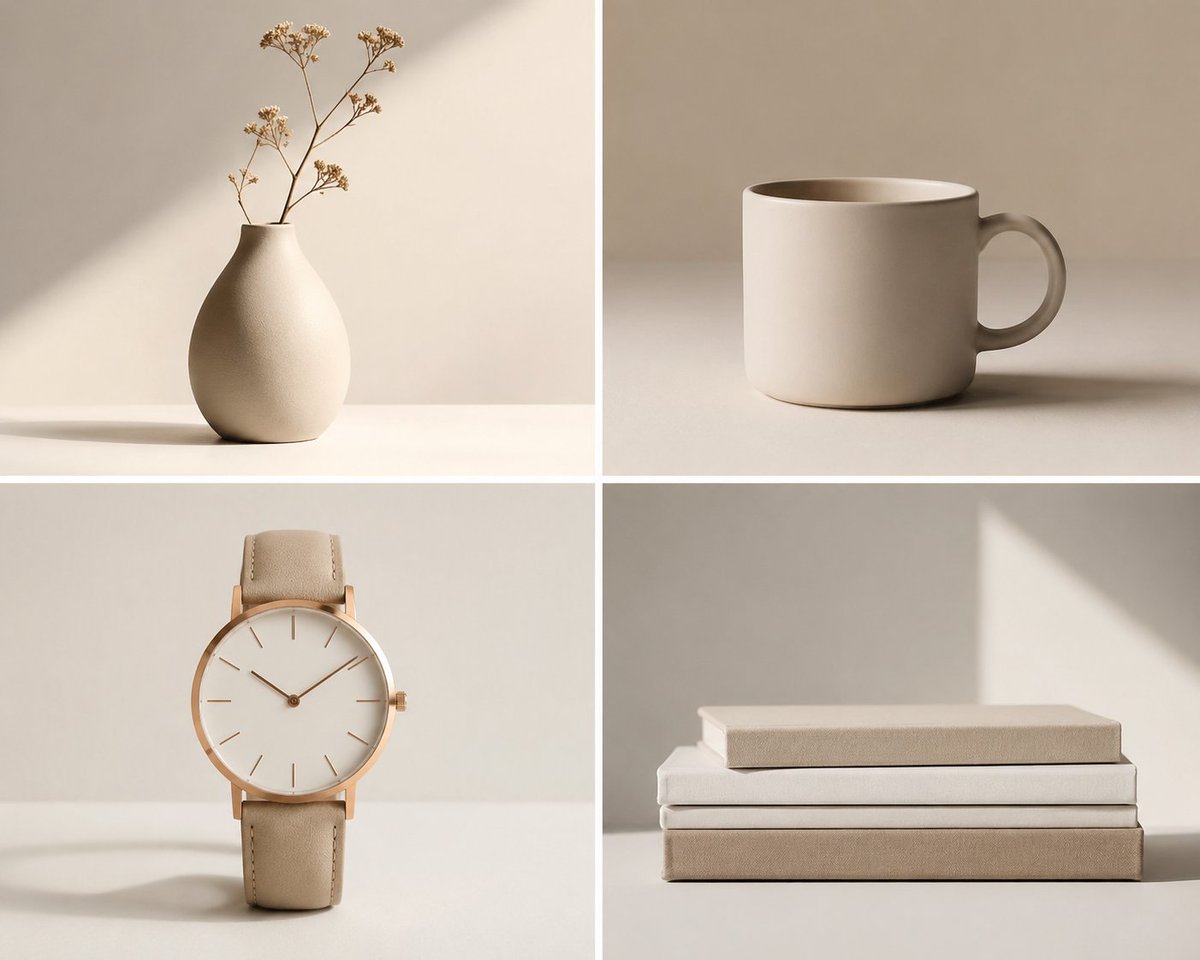 Create a clean 2x2 minimalist object photography grid featuring exactly 4 everyday items in a warm neutral beige palett…