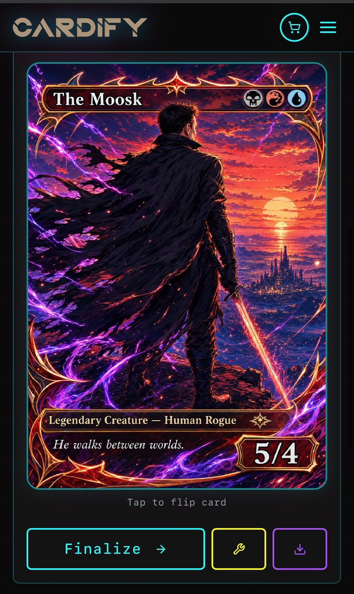Goal: Create a dark futuristic mobile web app screen for a custom trading card generator called {argument name="app nam…