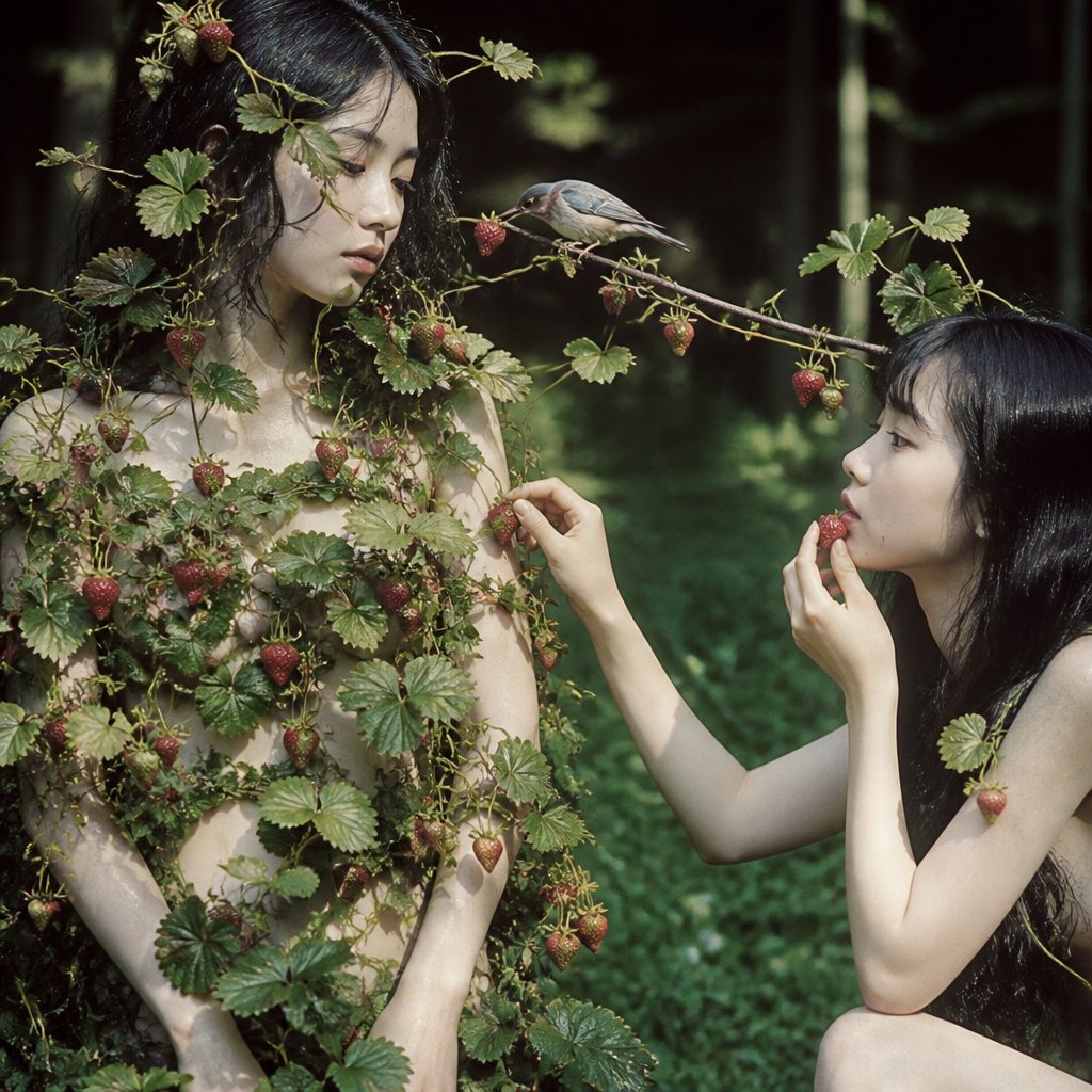 Create a square cinematic fine-art photograph set in a dark, lush forest clearing, showing two pale young women with ve…