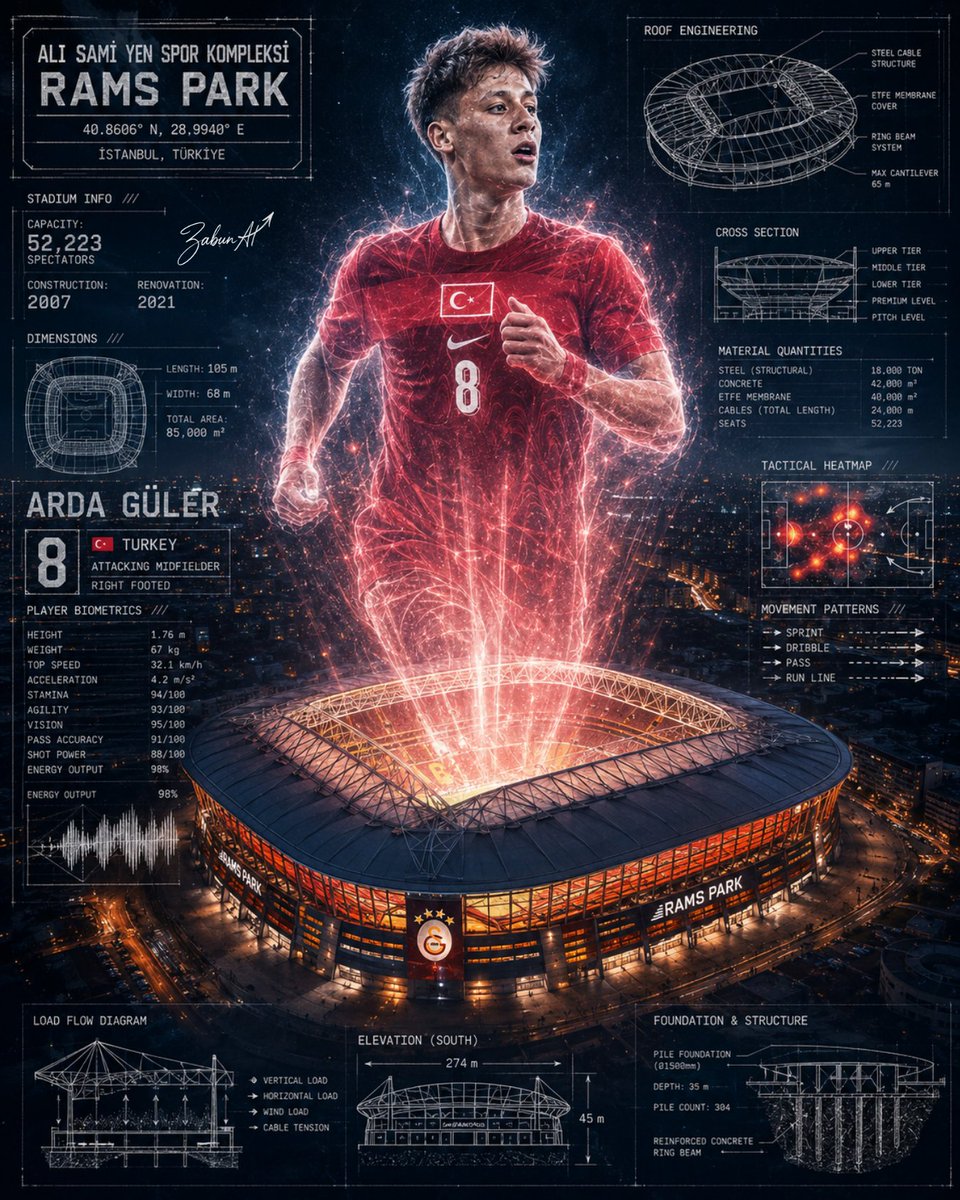 Goal: Create a dramatic vertical sports-engineering poster for {argument name="player name" default="ARDA GÜLER"} at {a…