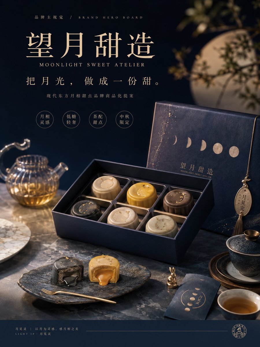 Goal: Create a premium brand hero board for a modern Oriental mooncake dessert gift brand named {argument name="brand n…