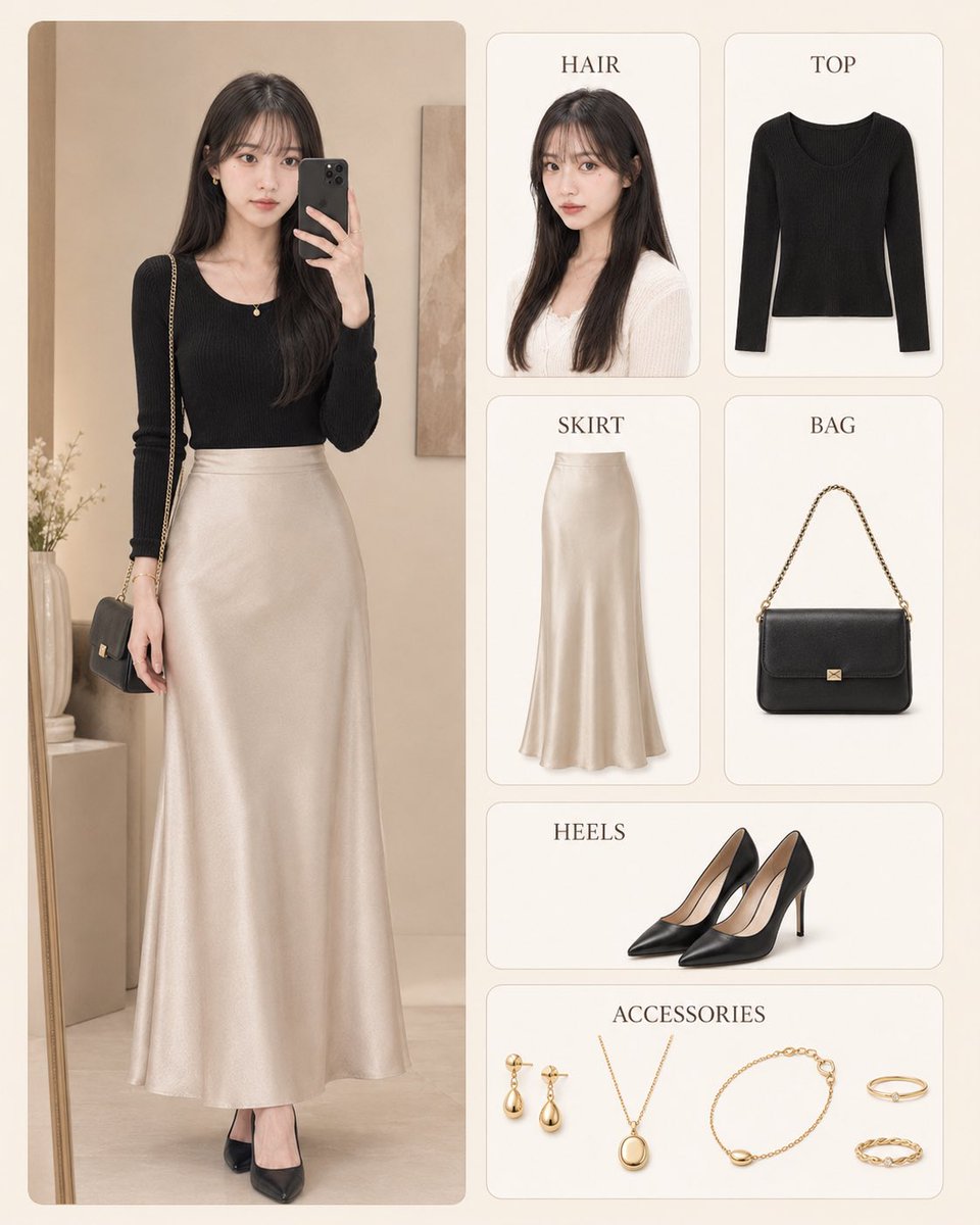 Create a clean, minimalist fashion outfit analysis infographic with a soft cream-beige background. On the left, show a …