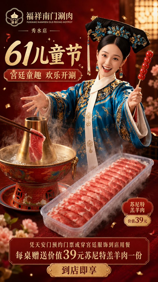 Goal: Create a vertical Chinese restaurant promotional poster for {argument name="restaurant name" default="福祥南门涮肉"}, t…