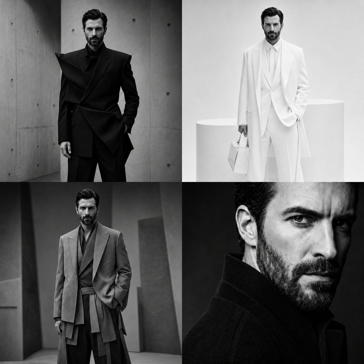 4-panel Vogue magazine grid collage, SAME {argument name="subject" default="male model"} in every frame with identical …