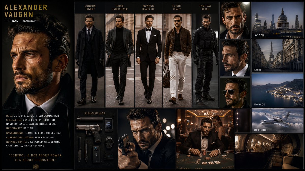 A cinematic Hollywood {argument name="genre" default="spy-thriller"} character board featuring a stylish {argument name…
