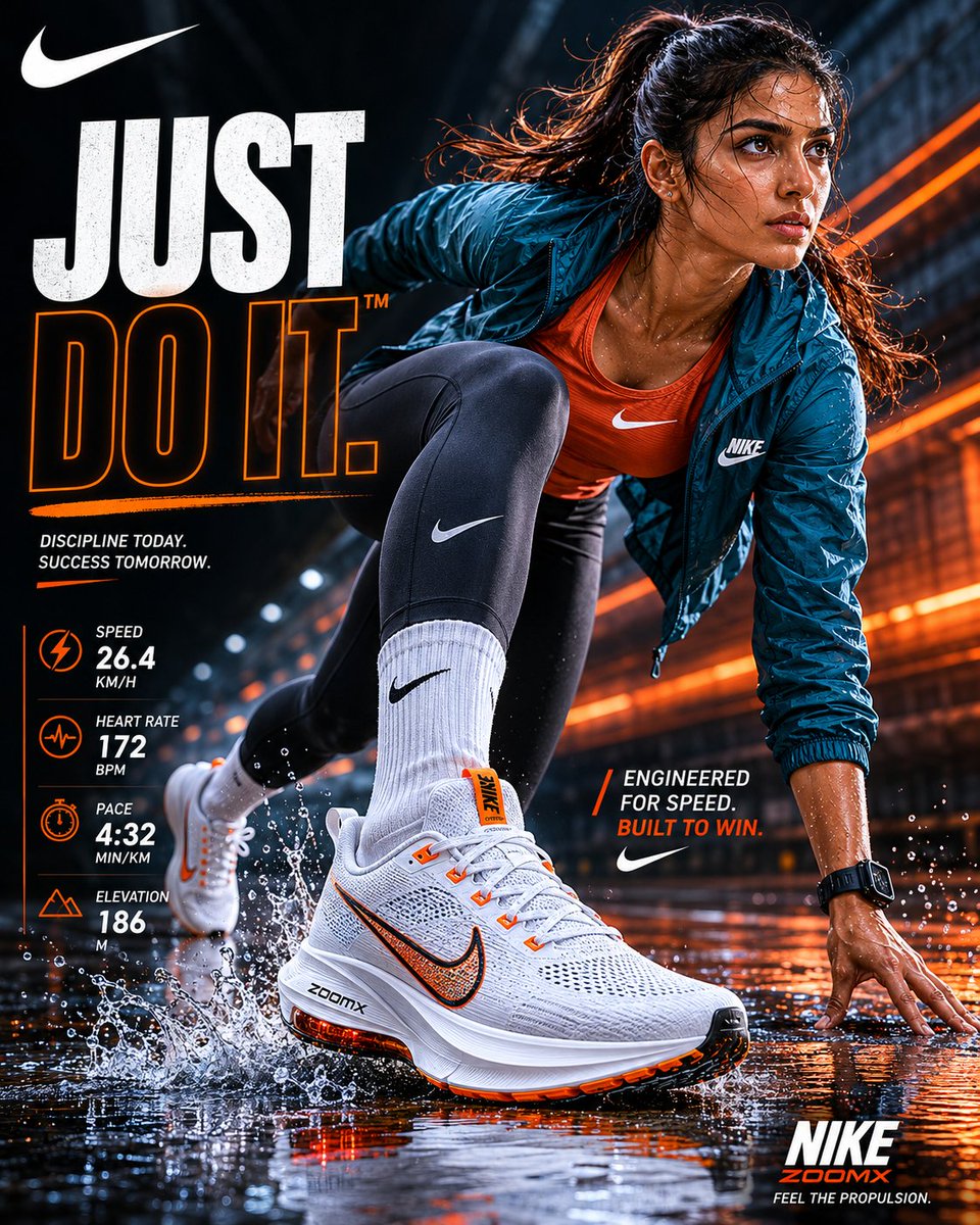 Hyper-realistic {argument name="brand" default="NIKE"} sportswear advertisement, {argument name="subject" default="athl…