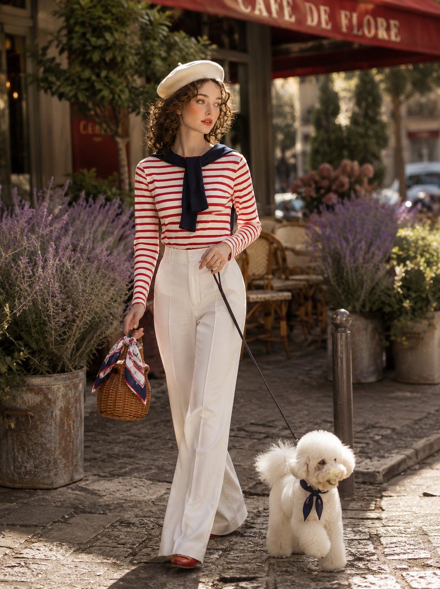A stylish young woman in a {argument name="hat" default="beret"} and {argument name="outfit" default="striped top"} wal…
