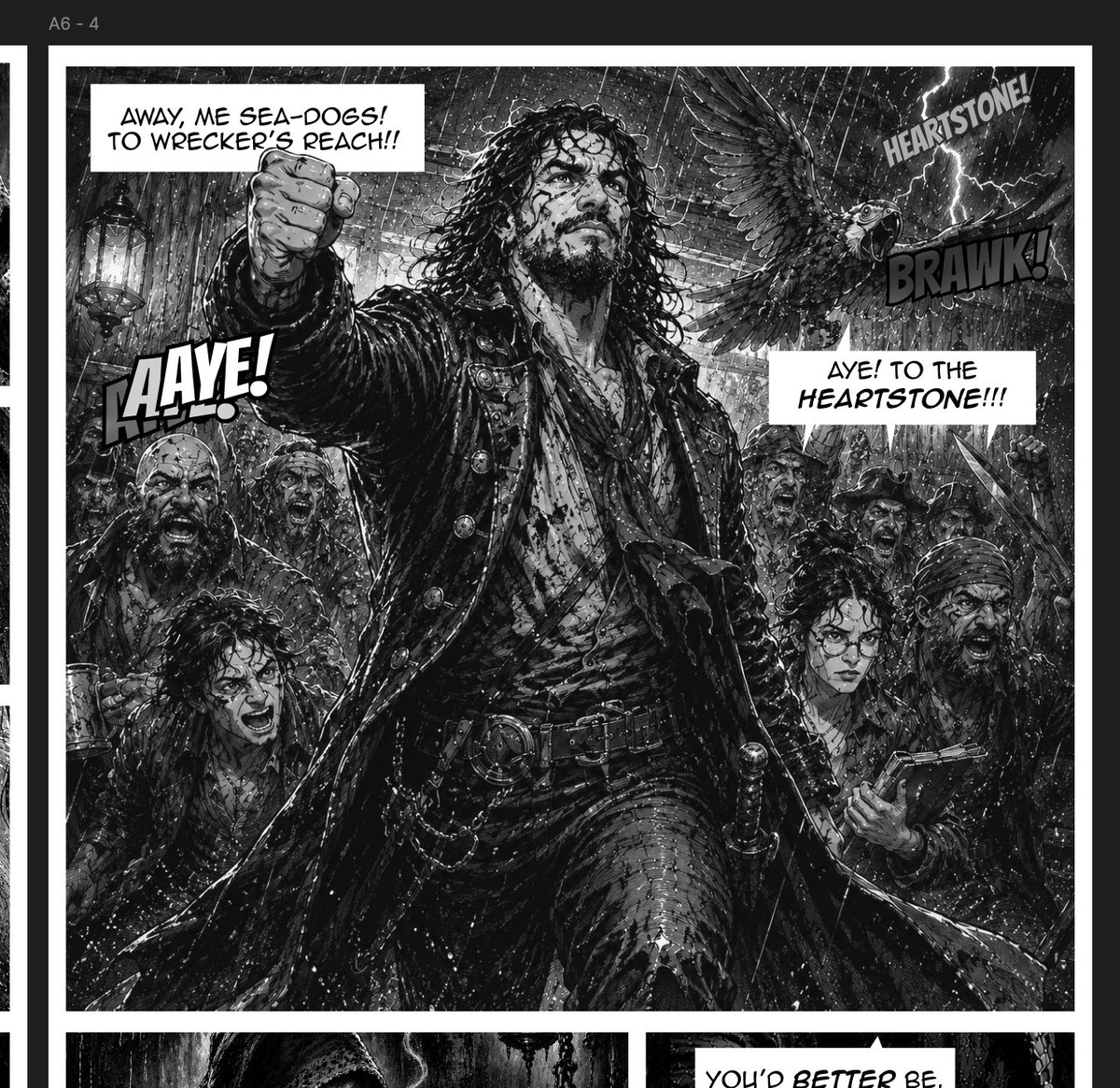 Goal: Create a gritty black-and-white comic storyboard page for a pirate game scene, like a scanned manga/graphic novel…
