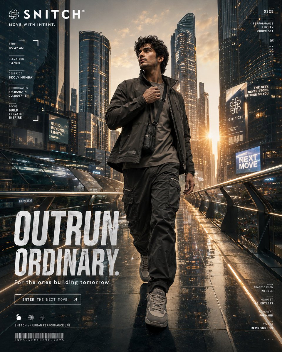 Goal: Create a cinematic futuristic fashion advertising poster for a fictional urban performance brand called {argument…