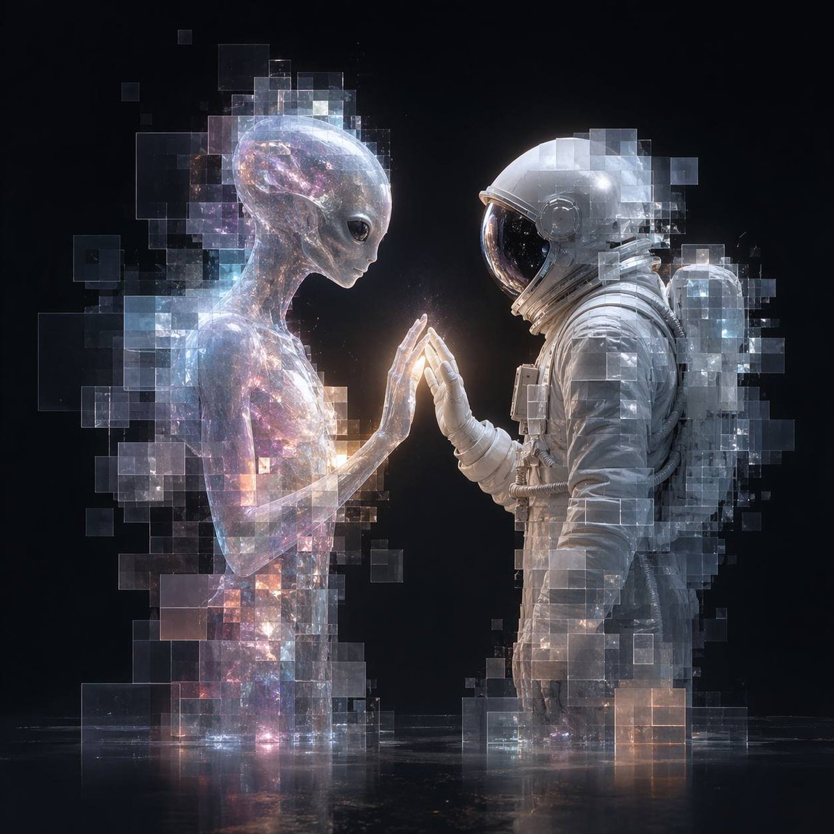 Create a square 1:1 ultra-clean surreal sci-fi artwork in a modern pixel-glass aesthetic. Show exactly two centered ful…