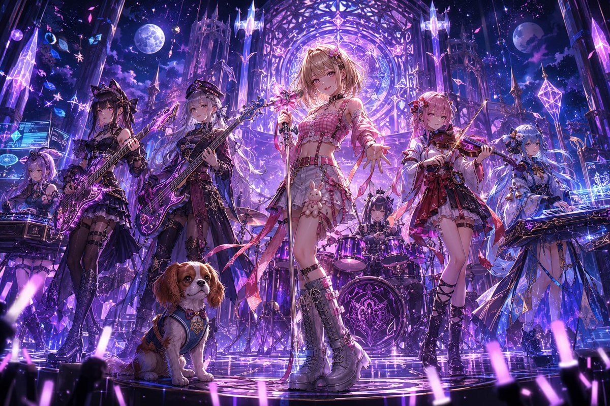 Goal: Create a lavish fantasy anime rock-band concert illustration featuring {argument name="band name" default="a magi…
