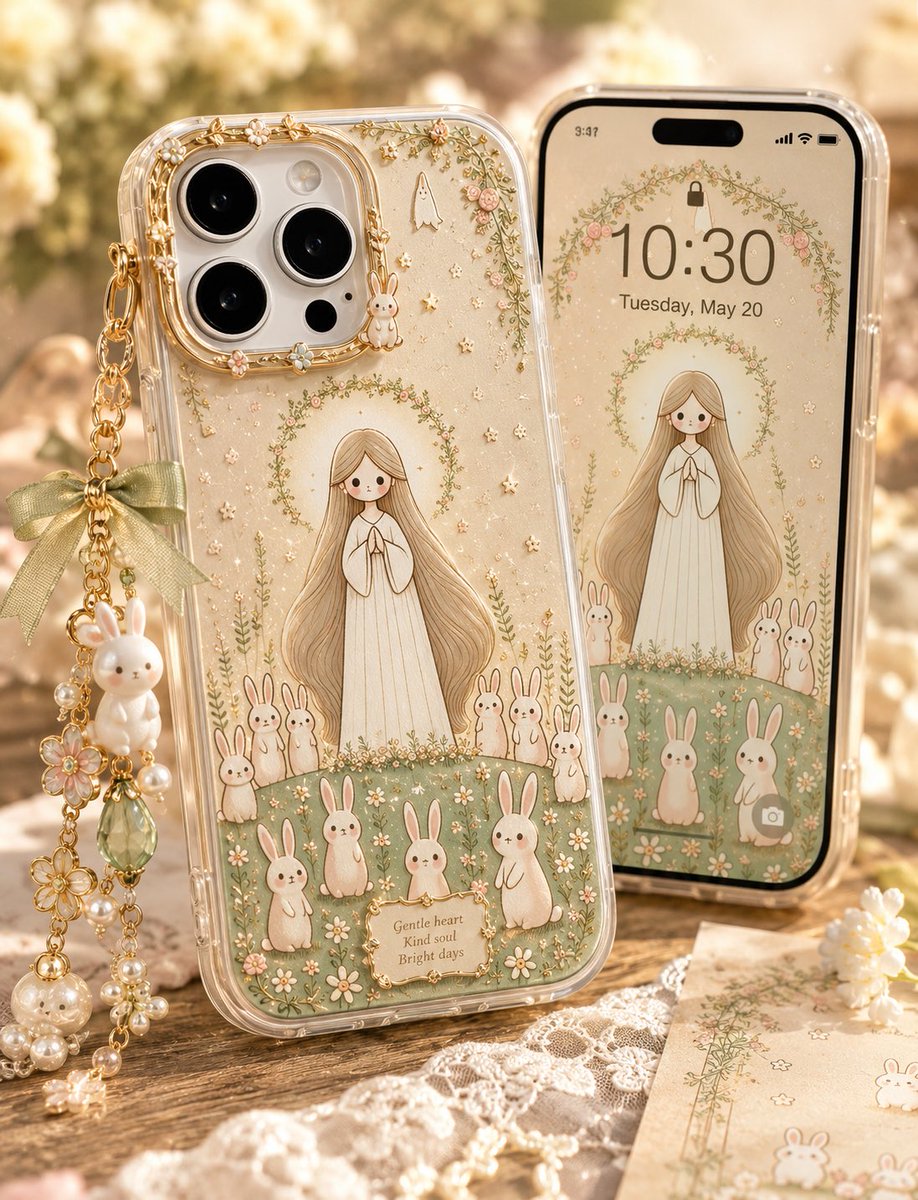 Create a warm, dreamy product photography scene for an original clear smartphone case and matching phone wallpaper. Sho…