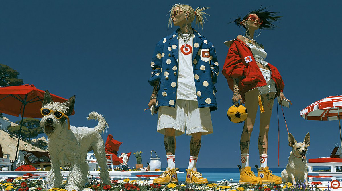 Create a wide cinematic digital illustration in the bold Red Peaks aesthetic: a low-angle fashion editorial scene on a …